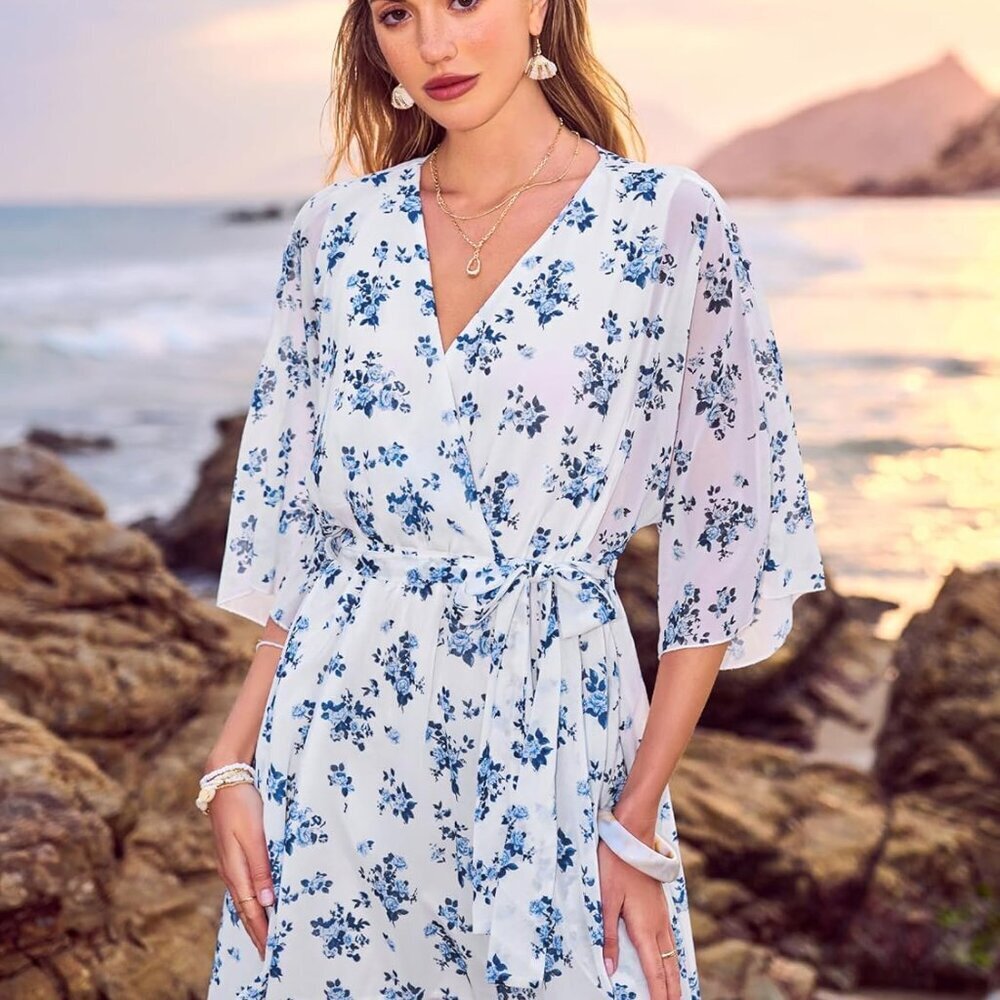 Women's Floral Boho Maxi Dress 3/4 Sleeve V Neck Tie Waist Casual Elegant - Picture 4 of 6